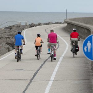 Cyclist on coastal path on Sheppey