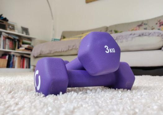 Dumbells on a living room floor