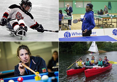 Collage of eight images of people taking part in different disability sports.