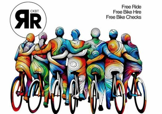 Back view of 7 people on bikes covered in colourful swirls